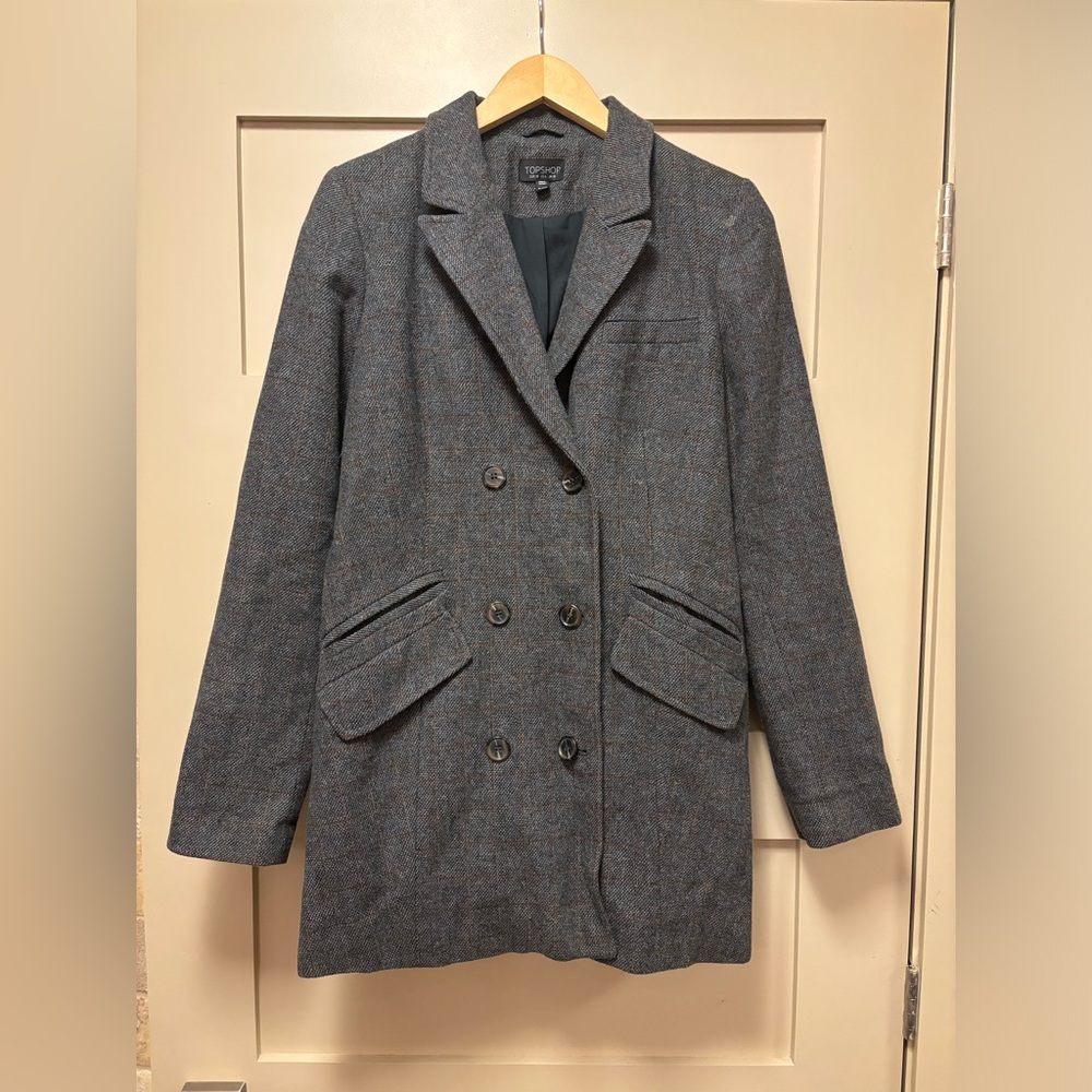 TOPSHOP Wool Blend Top Coat Midi Blazer Jacket Double Breasted Relaxed Checked
